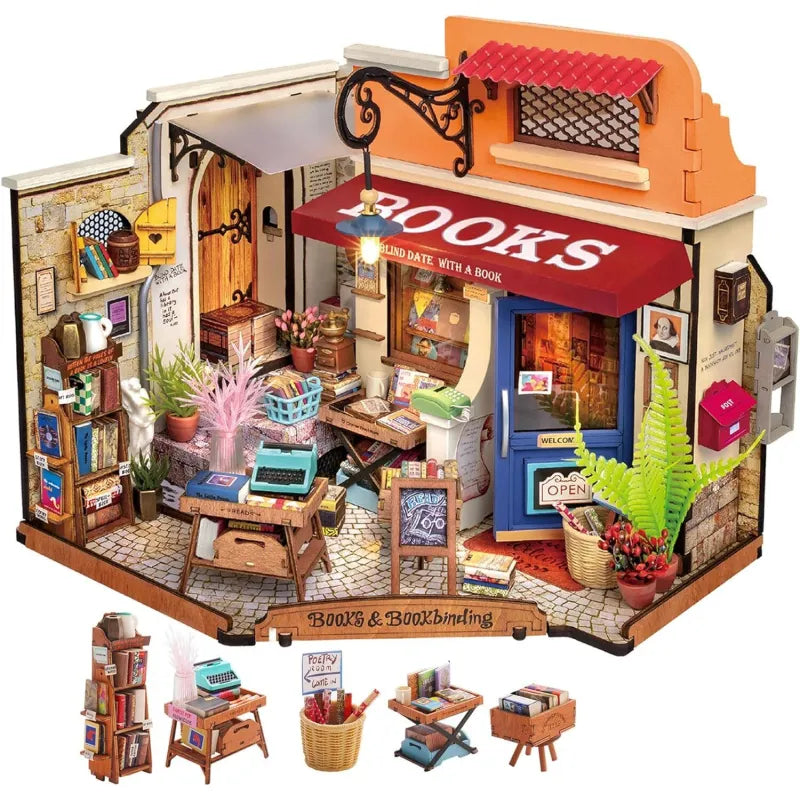 Rolife Corner Bookstore DIY Miniature House Kit Build with LED Lights