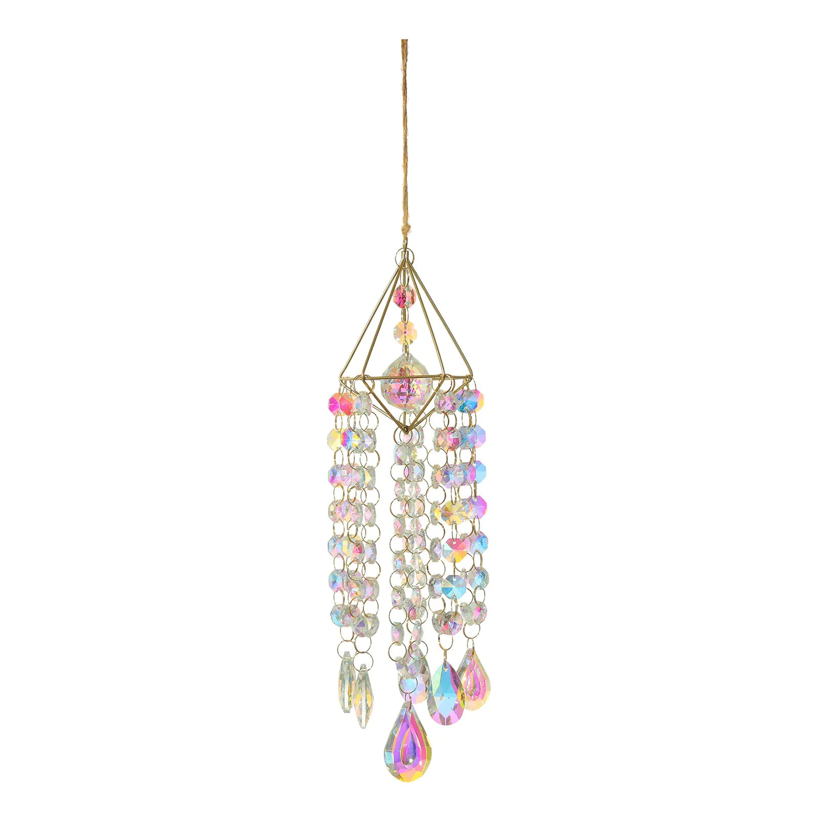Decorative hanging crystal chime with colorful beads on a white background