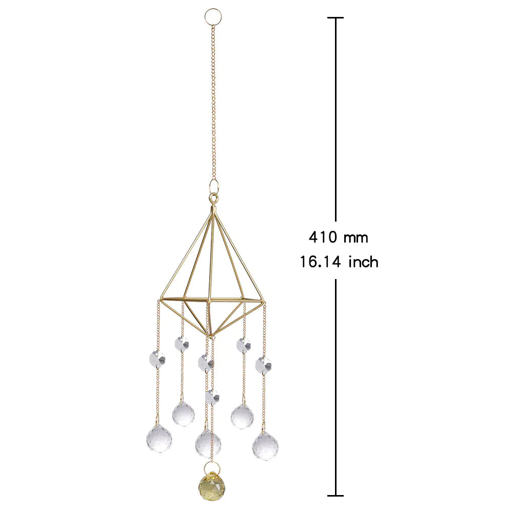 Decorative hanging chime with geometric design and crystal-like beads, shown with a measurement label.