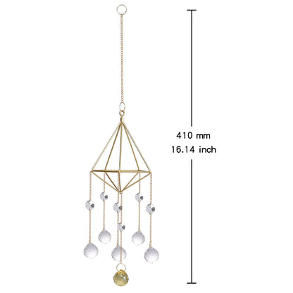 Decorative hanging chime with geometric design and crystal-like beads, shown with a measurement label.