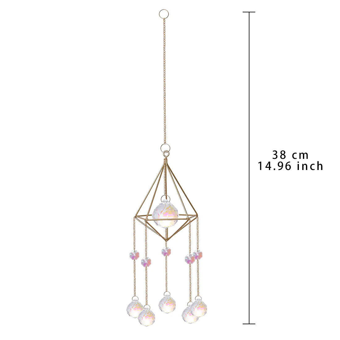 Decorative hanging chandelier with crystal elements and measurement details on a white background