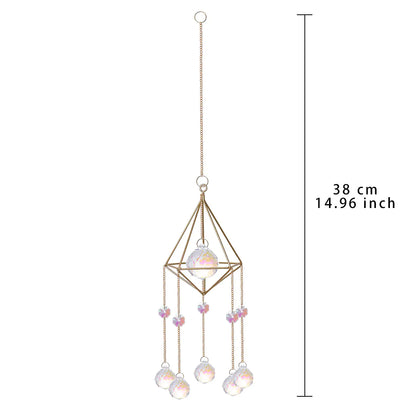 Decorative hanging chandelier with crystal elements and measurement details on a white background