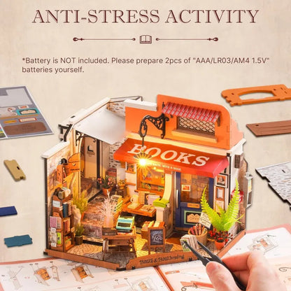 Rolife Corner Bookstore DIY Miniature House Kit Build with LED Lights