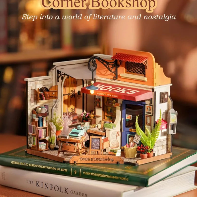Rolife Corner Bookstore DIY Miniature House Kit Build with LED Lights